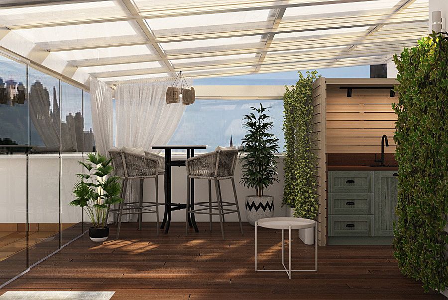 Cubierta exterior a medida en terraza con estructura ligera