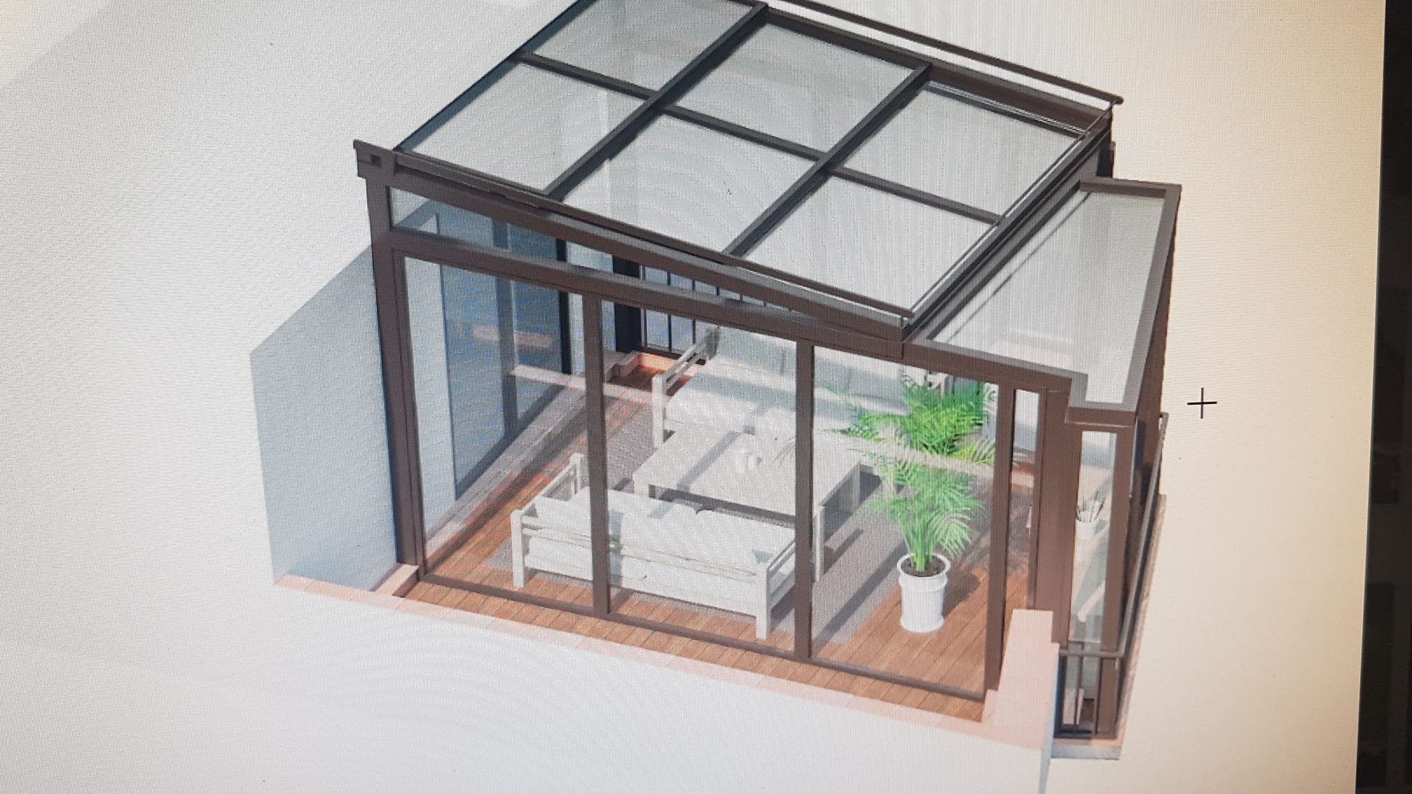 Diseño 3D de pérgola exterior con cerramiento de vidrio para uso en terraza
